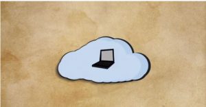 white cloud with laptop inside on tan backround
