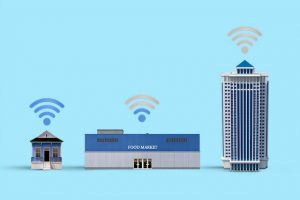 3 buildings on blue backround each with varying levels of wireless connection