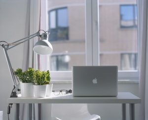 macbook on desk with silver table lamp and house plant in white pot